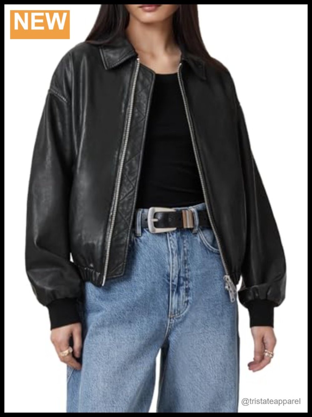 AllSaints Women's Leather Bomber Jacket Long Sleeve Zipper Dry Clean